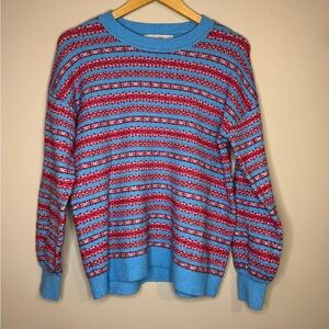 LOFT Striped Knit Sweater Blue Red Fair Isle Crewneck Size M